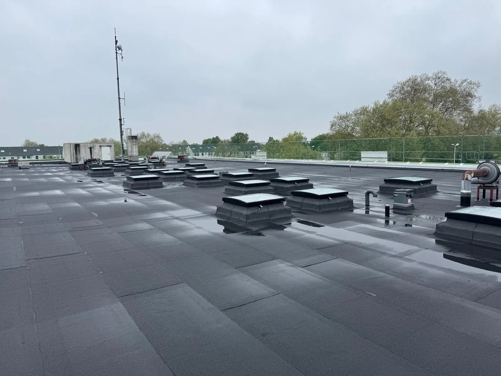 Dachfläche mit Lichtkuppelreihen und Lüftungsaufbauten